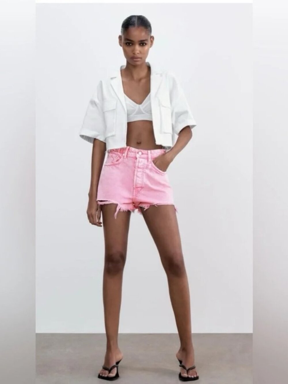 Zara Pink High-Rise Frayed Denim Shorts
